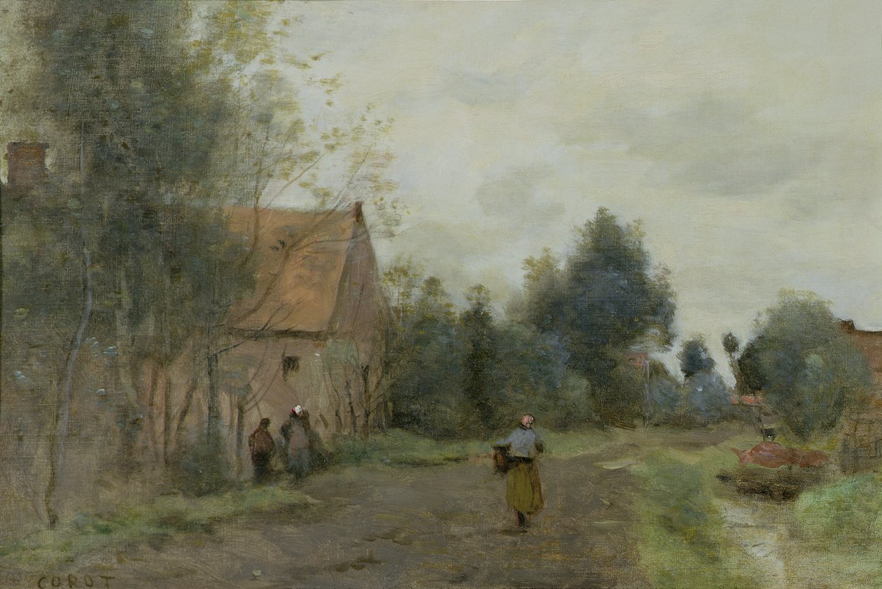 Sin nær Douai, Village Street in the Morning, Grey Weather, 1872 av Jean Baptiste Camille Corot