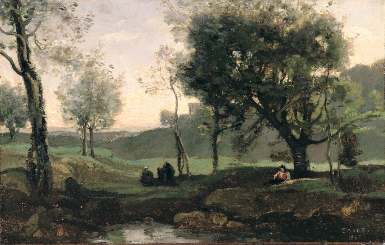 Solnedgang: Figures Under Trees (olje på lerret) av Jean Baptiste Camille Corot