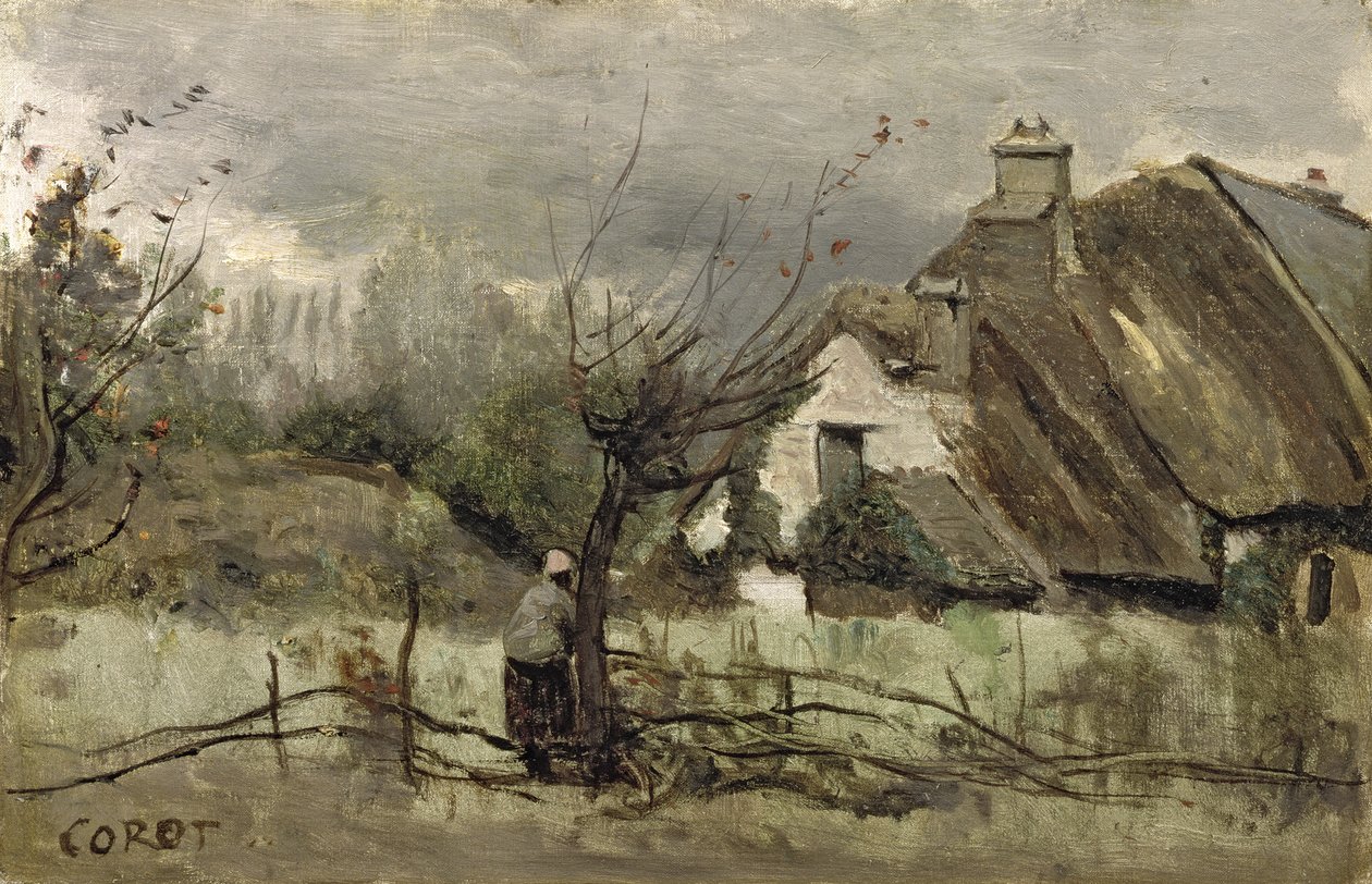 Hytte med stråtak i Picardie av Jean Baptiste Camille Corot