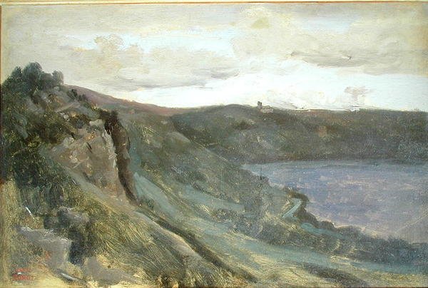 The Banks of the Tiber, Surrounded by Hills, ca. 1825-27 (olje på lerret) av Jean Baptiste Camille Corot