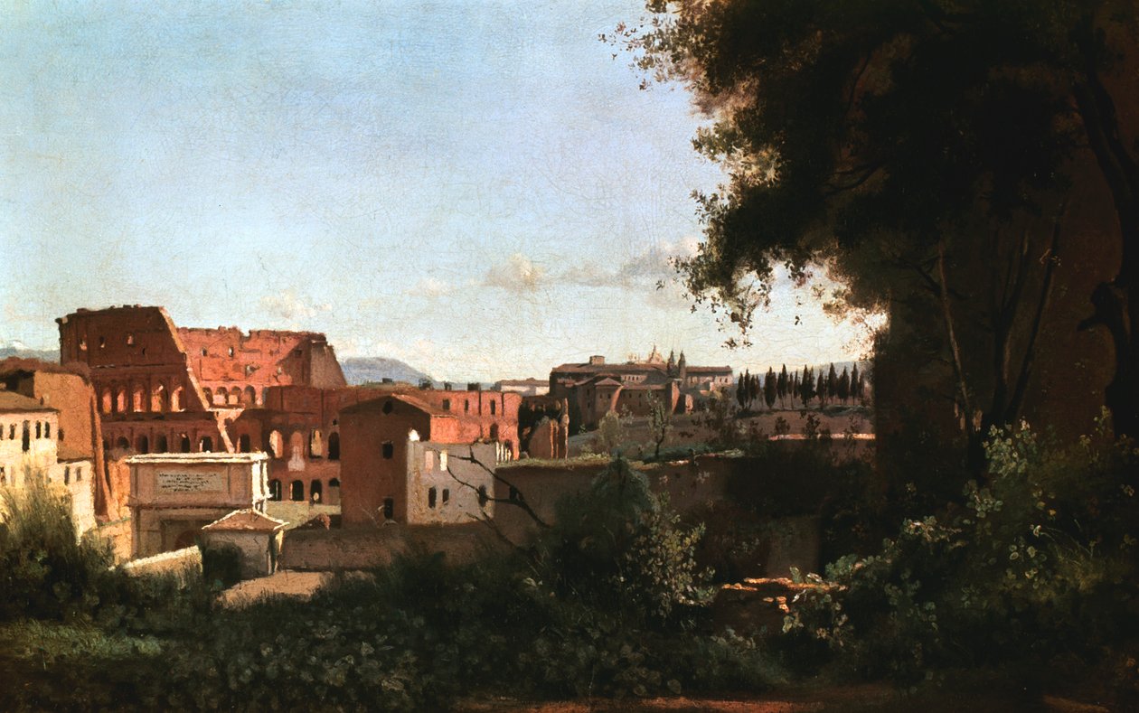 Colosseum: Utsikt fra Farnese-hagene, Roma, 1826 av Jean Baptiste Camille Corot