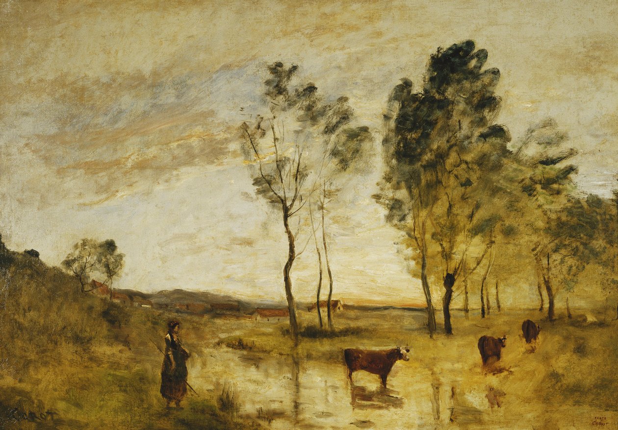 Forden; Kyr på kanten av en Ford; Le Gue; Kyr på kanten av Gue, ca. 1870-1873 av Jean Baptiste Camille Corot