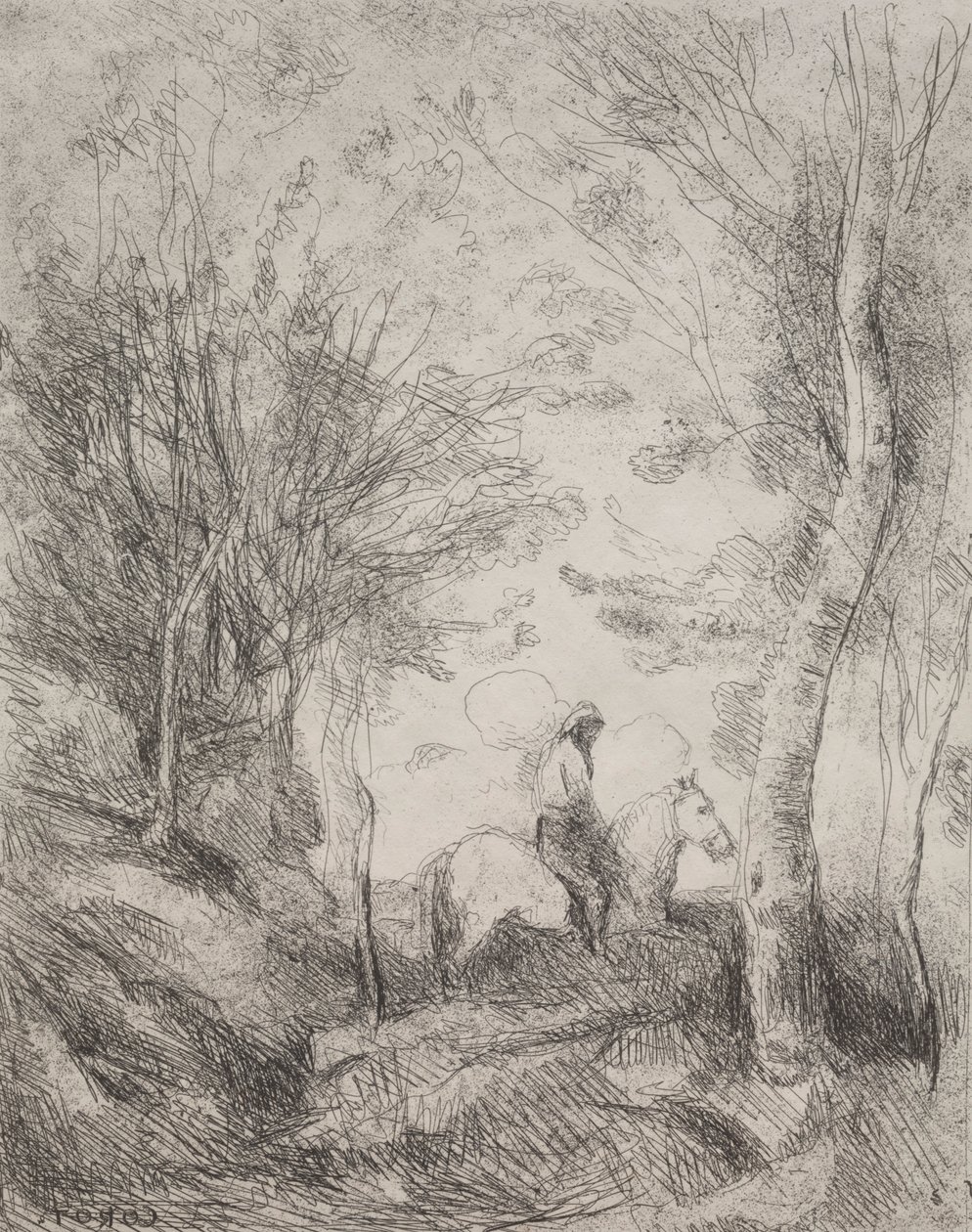 The Great Cavalier in the Wood, originalt inntrykk 1854, trykt i 1921. av Jean Baptiste Camille Corot