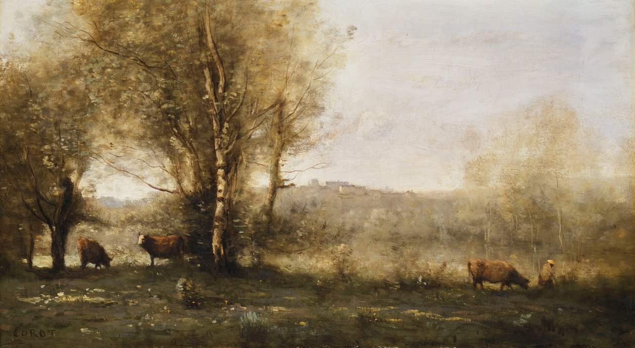 Dammen med tre kyr av Jean Baptiste Camille Corot
