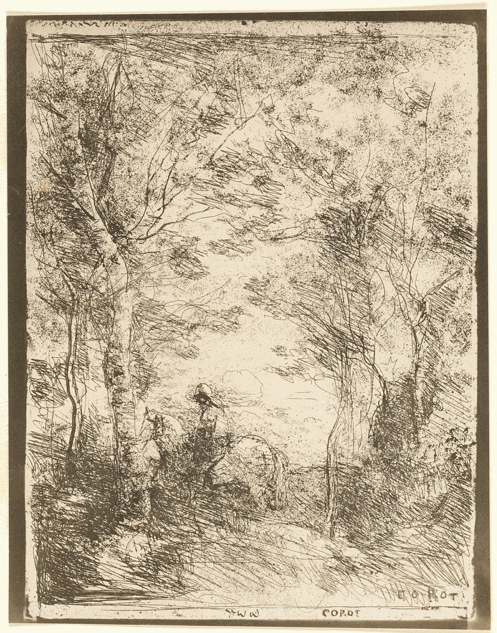 Rytteren i skogen, liten tallerken av Jean Baptiste Camille Corot