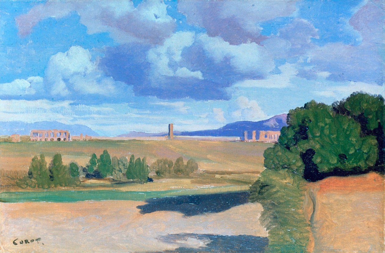 Den romerske Campagna, med Claudian akvedukten, c1826 av Jean Baptiste Camille Corot