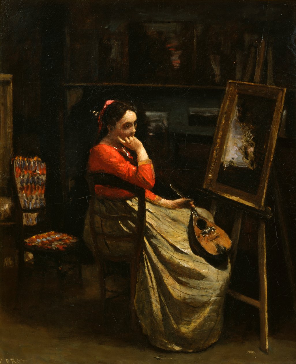 Verkstedet til Corot, ung kvinne med rød bluse, 1865-1870. av Jean Baptiste Camille Corot