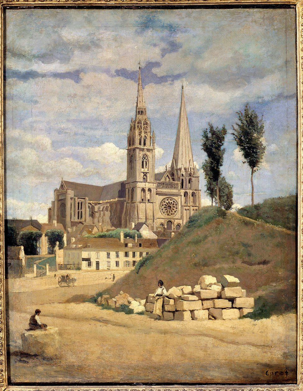 Katedralen i Chartres. Utvendig utsikt over Cathedrale Notre Dame (Notre-Dame) i Chartres - Maleri av Camille Corot (1796-1875) av Jean Baptiste Camille Corot
