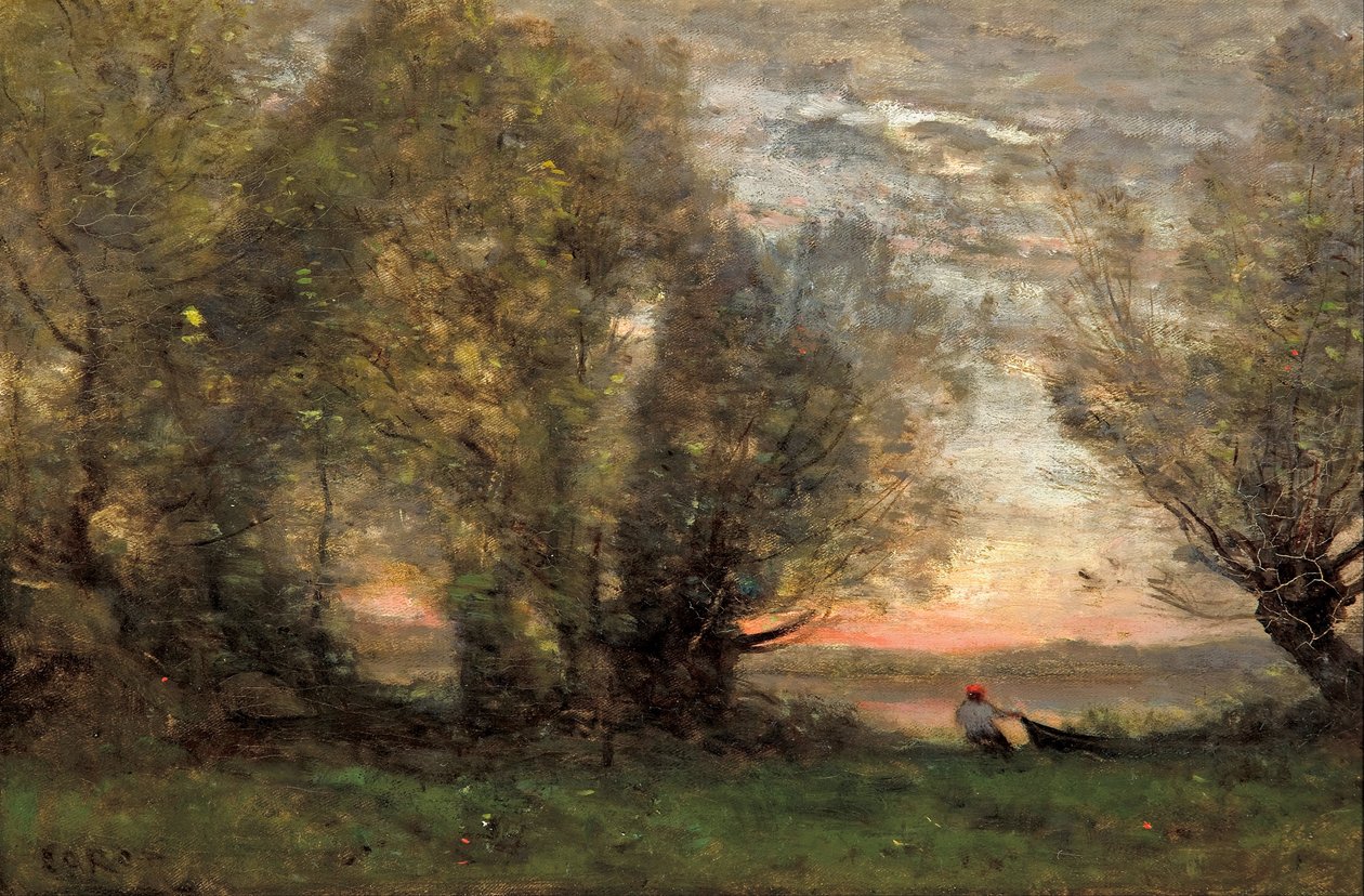 Fiskeren, kveldseffekt, ca 1860-1870 av Jean Baptiste Camille Corot