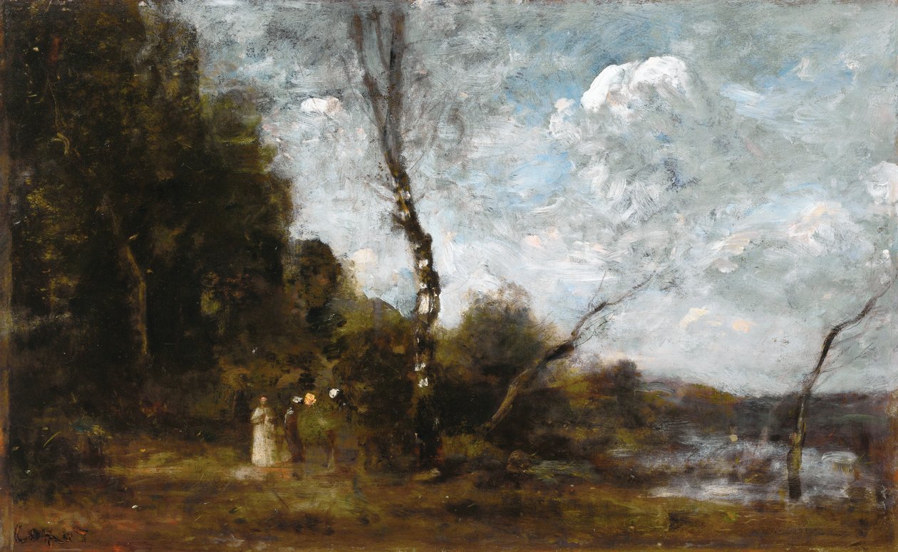 Tre bondekvinner ved en skog av Jean Baptiste Camille Corot
