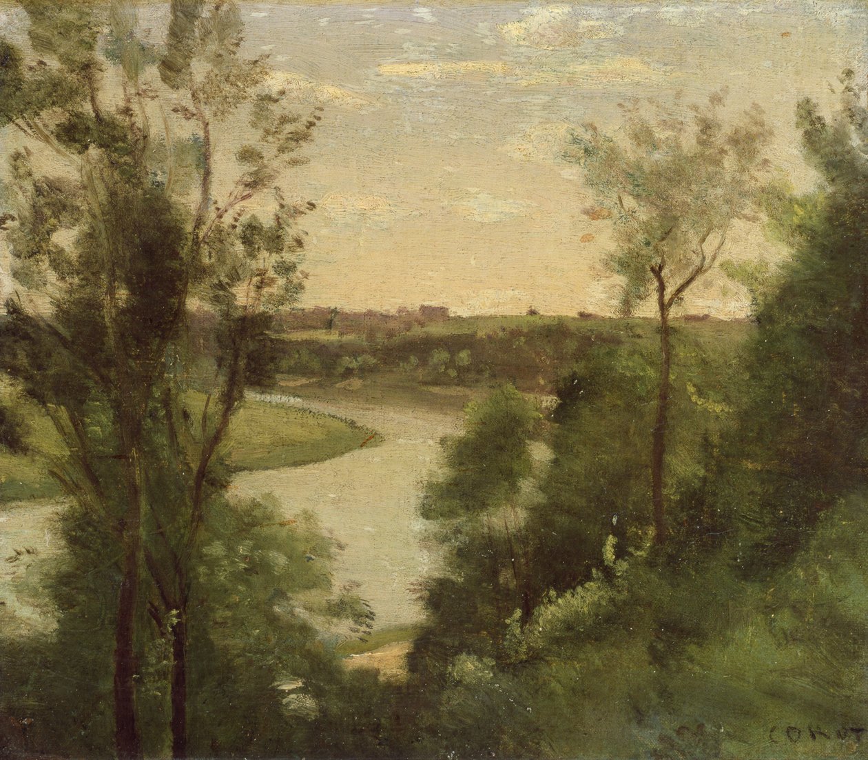En elv sett ovenfra mellom trærne av Jean Baptiste Camille Corot