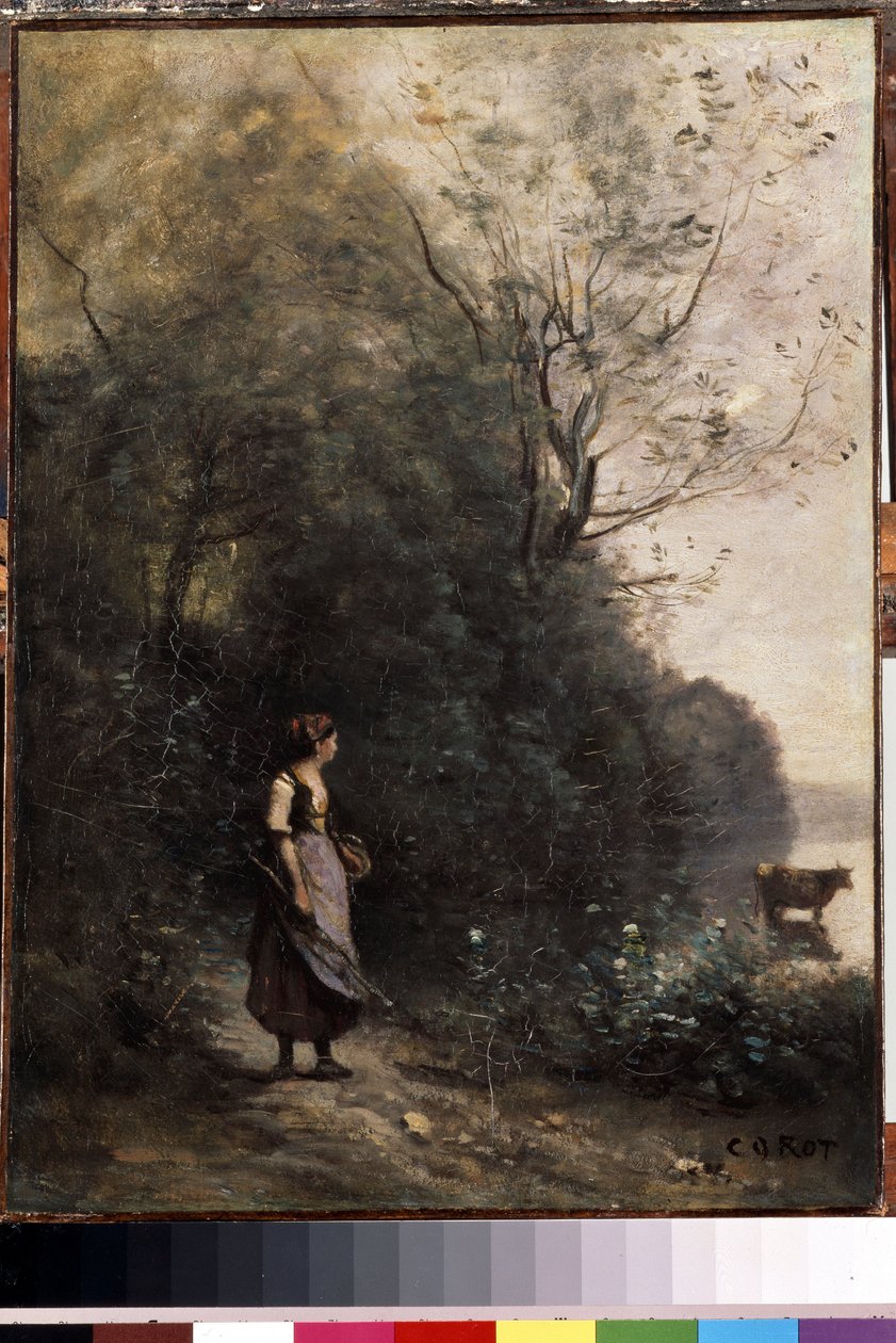 ""En gjeterinne og hennes flokk med kyr i utkanten av en skog"" (Shyrinne med en ku i skogkanten) Maleri av Camille Corot (1796-1875) 1865-1870 Dim. 47,5x35 cm Museum of l eremitage , Saint Petersburg av Jean-Baptiste-Camille Corot