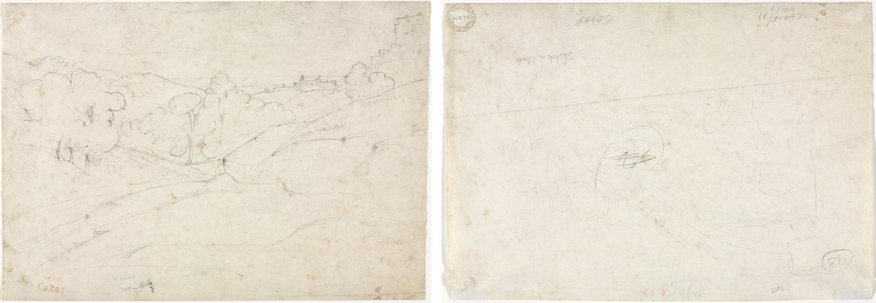 Utsikt over Marino (recto); Skisse for et landskap (verso) av Jean Baptiste Camille Corot