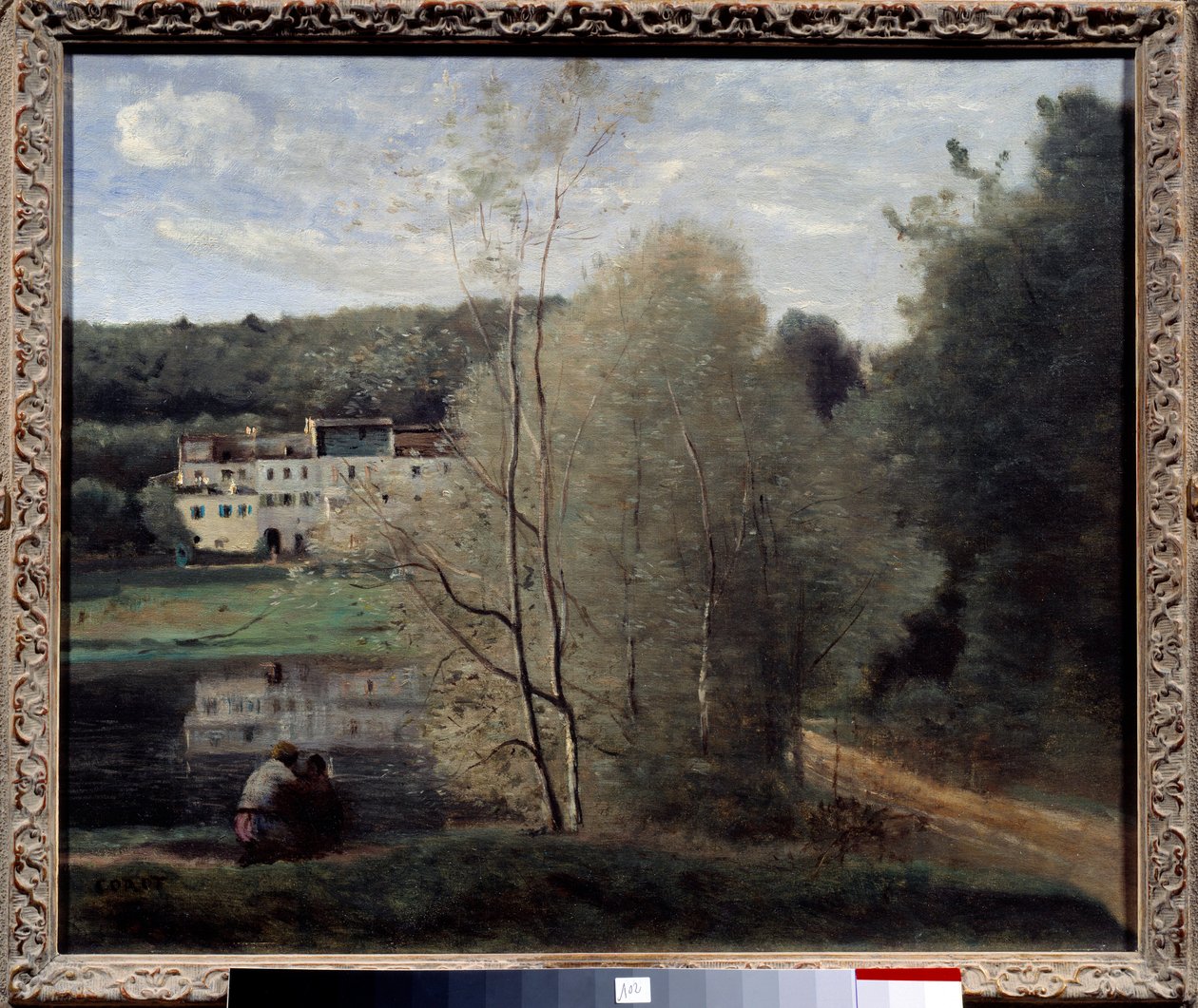 Utsikt over byen Avray, dammen og huset Cabassud-maleri av Camille Corot (1796-1875) 1840 Des monks, kunstsenter av Jean Baptiste Camille Corot