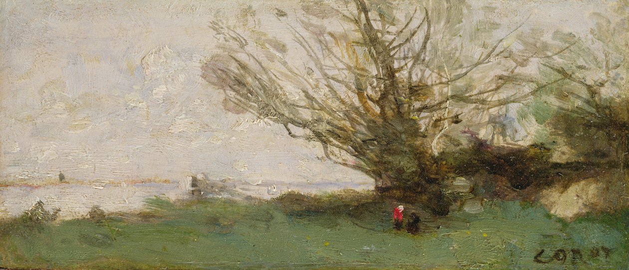 Vinterlandskap ved siden av en innsjø (panel) av Jean Baptiste Camille Corot