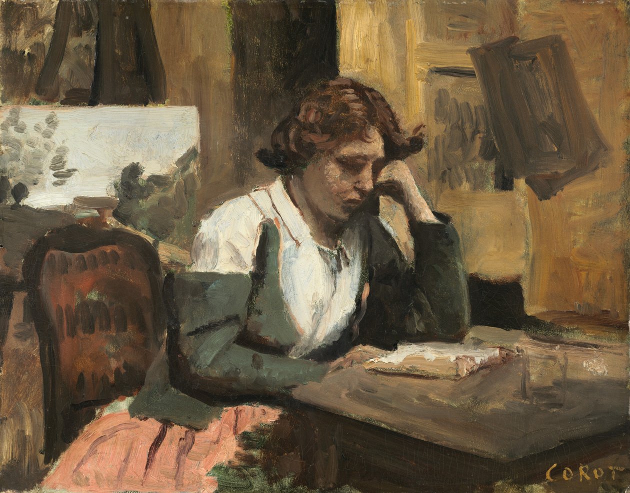 Kvinne som leser i studio, ca. 1868. av Jean Baptiste Camille Corot