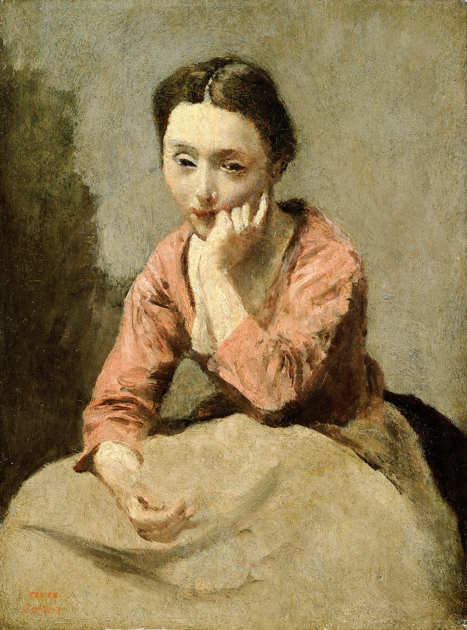 Kvinne i en rosa bluse (olje på lerret) av Jean Baptiste Camille Corot