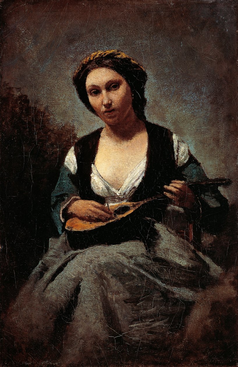 Kvinne med mandolin, av Jean-Baptiste-Camille Corot (1796-1875). av Jean Baptiste Camille Corot