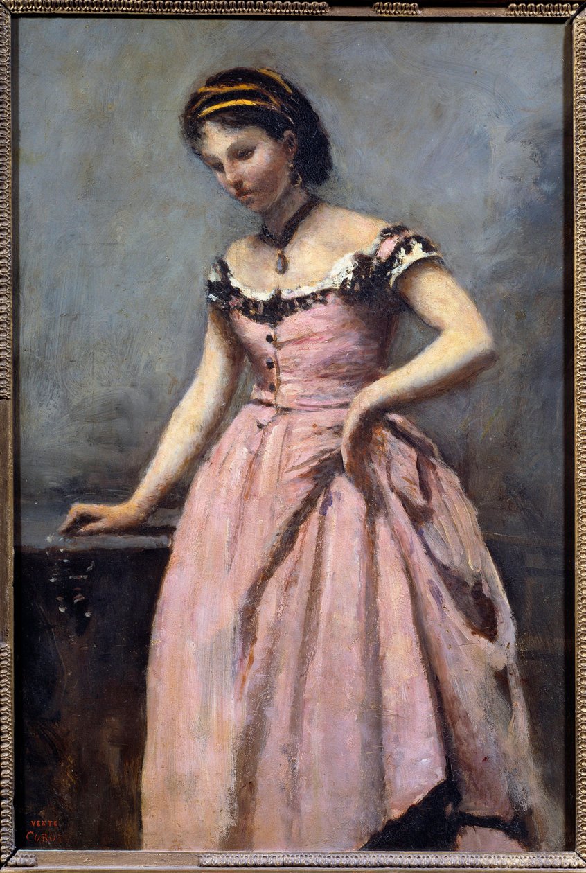 Ung jente med rosa kjole Maleri av Camille Corot (1796-1875) Søn fra 1800-tallet. 0,46x0,32 m Paris, musee d
