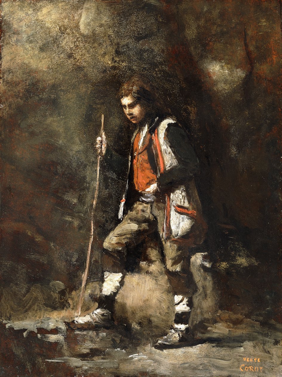 Ung italiensk gutt på fjellet; Ung italiensk Patre i fjellet, ca. 1845-55 av Jean Baptiste Camille Corot
