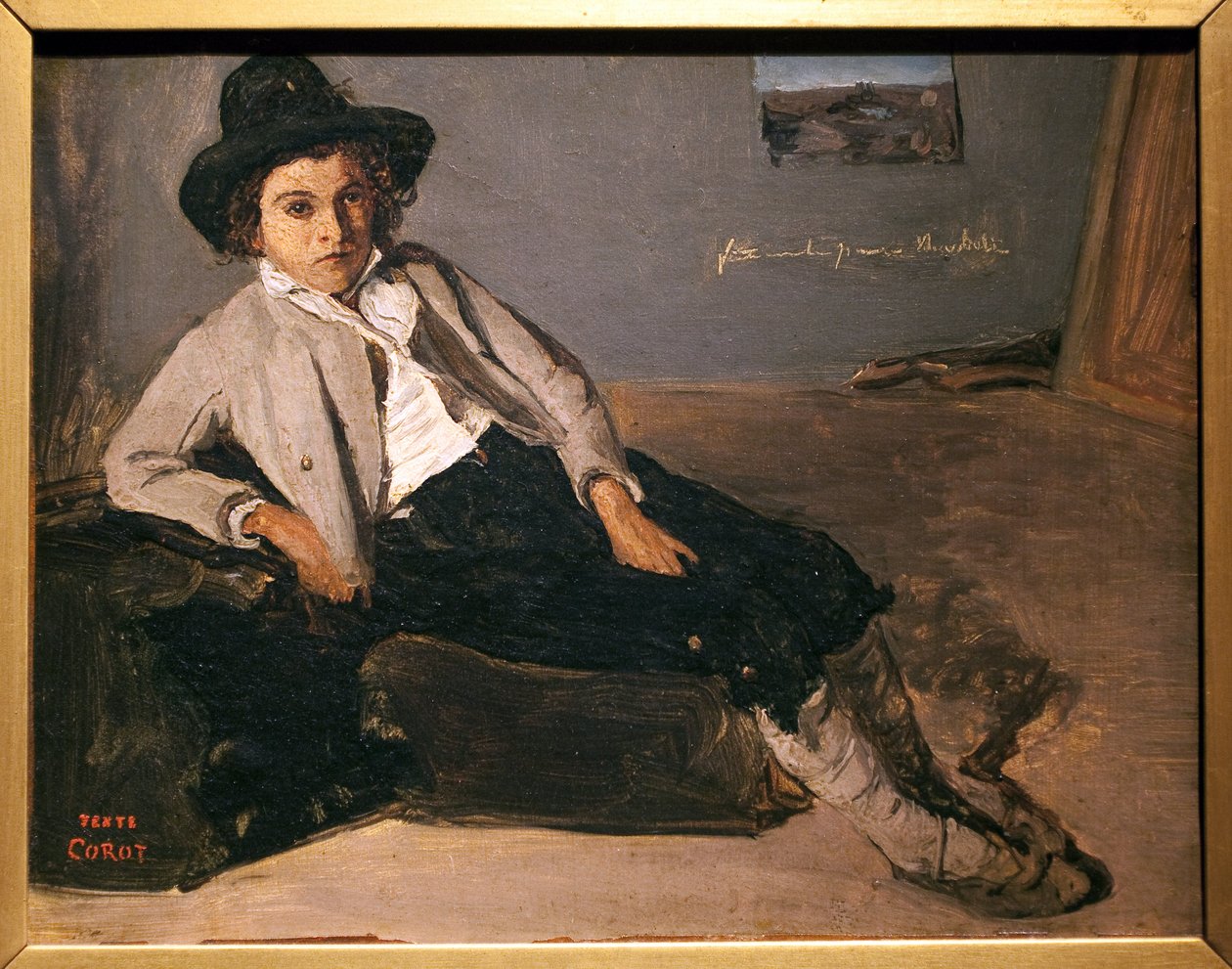 Ung italiensk sitter. Maleri av Jean Baptiste Camille Corot (1796-1875), olje på papir marufle på lerret, ca 1825-1827. Musée des Beaux Arts de Reims. av Jean Baptiste Camille Corot