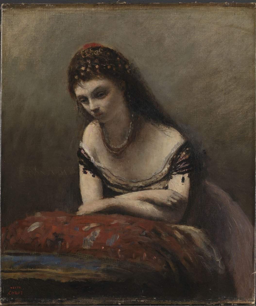Ung kvinne lener seg på en pute, ca. 1870-72 (olje på lerret) av Jean Baptiste Camille Corot