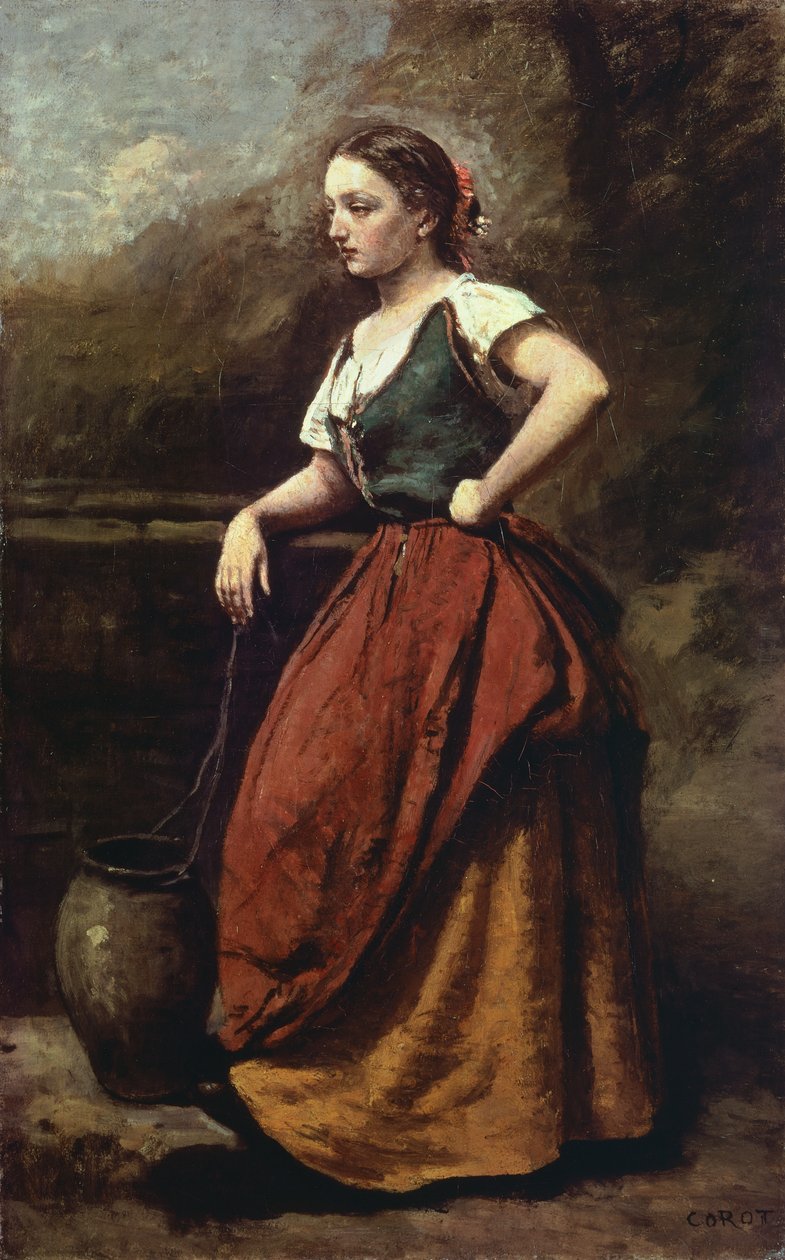 Ung kvinne ved brønnen, av Jean-Baptiste-Camille Corot (1796-1875), 65x40 cm. av Jean Baptiste Camille Corot