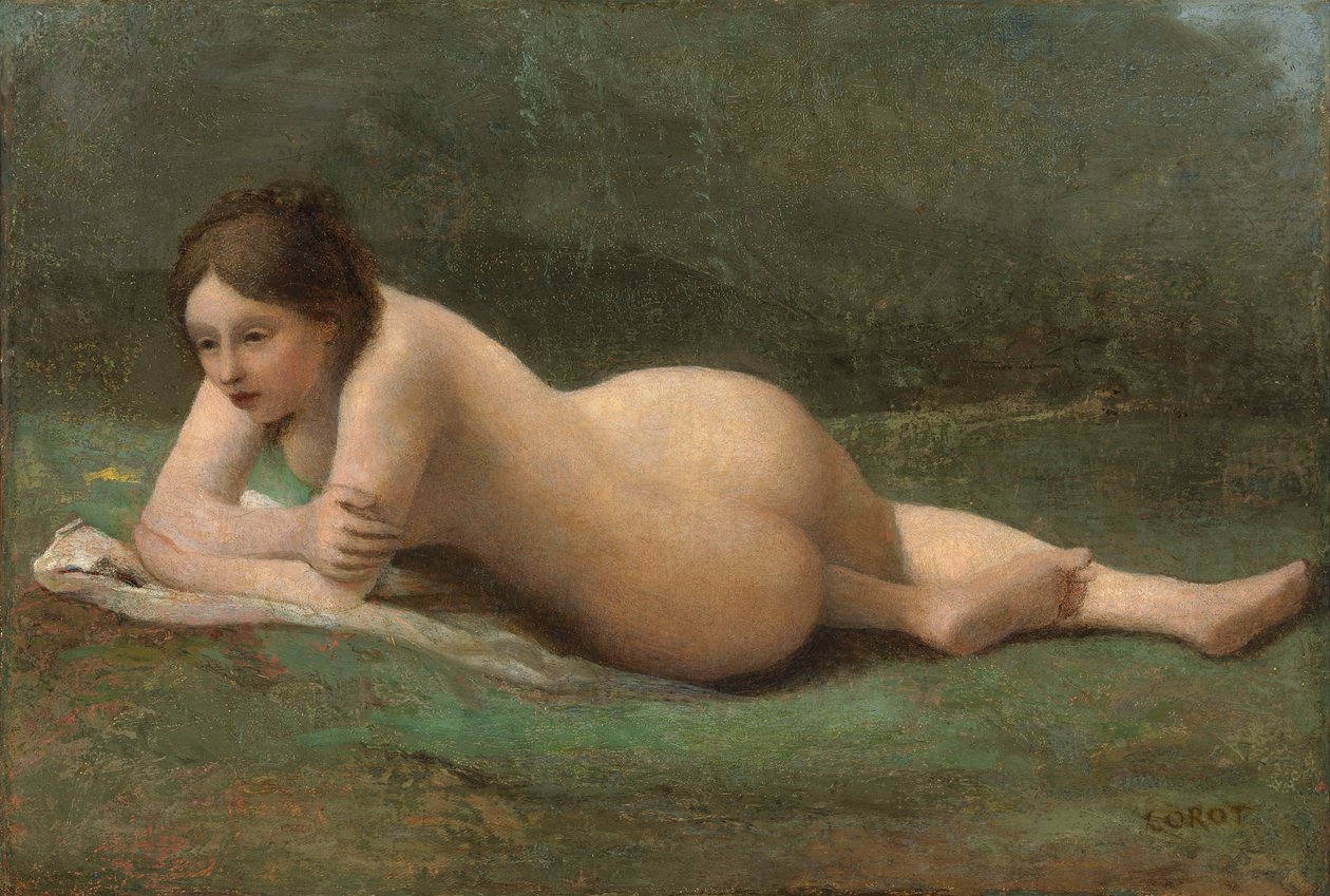 Ung kvinne tilbakelent på gresset, ca. 1850-60 av Jean Baptiste Camille Corot