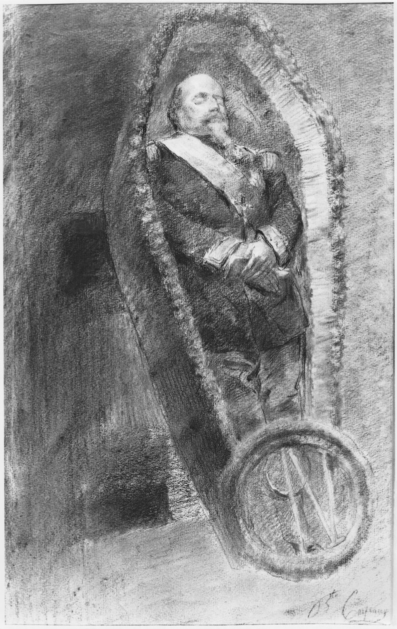 Keiser Napoleon III i sin kiste under begravelsesgudstjenesten, feiret i kirken i Chislehurst, England, den 13. januar 1873 (kull og hvitt kritt) av Jean Baptiste Carpeaux