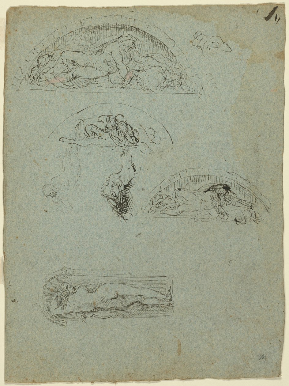 Stående figur i en nisje og studier for Ugolino-gruppen (recto); Rødkledd prelat i en folkemengde (verso) av Jean Baptiste Carpeaux