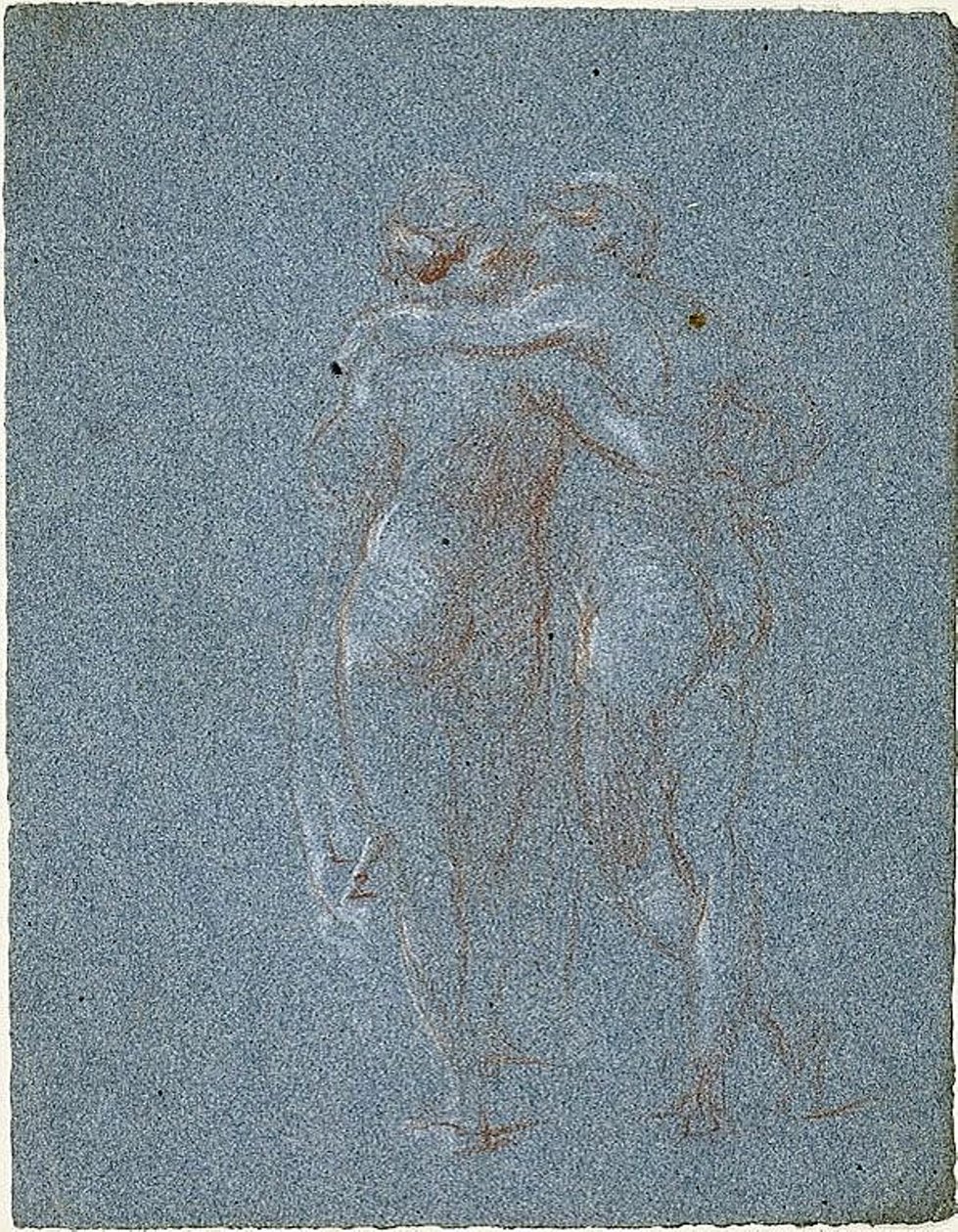 To stående figurer, omfavnende (recto); Mann med ljå og skisser av bygninger (verso) av Jean Baptiste Carpeaux