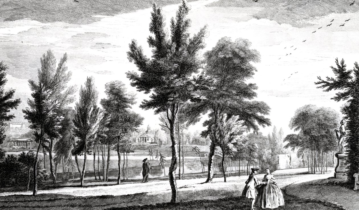 En utsikt over Elysian Fields fra Spring of Helicon, Stowe House Gardens, gravert av George Bickham, 1753 av Jean Baptiste Claude Chatelain