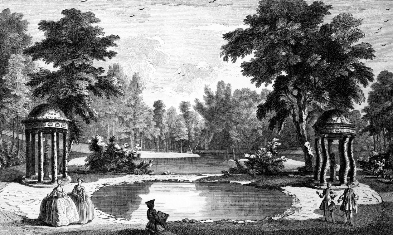 En utsikt over grotten og to skjelltempler, Stowe House Gardens, gravert av George Bickham, 1753 av Jean Baptiste Claude Chatelain