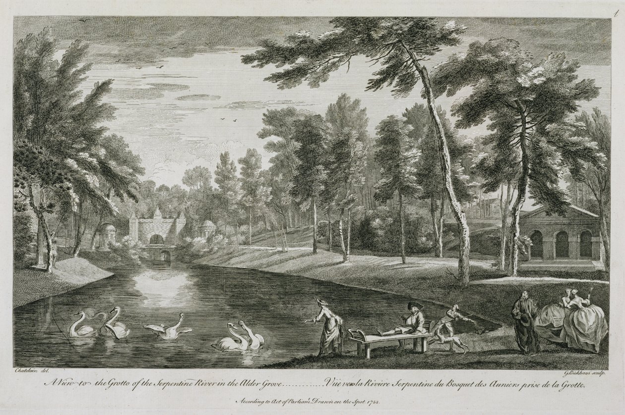 En utsikt til grotten til Serpentine River i Alder Grove ved Stowe, 1753, gravert av George Bickham av Jean Baptiste Claude Chatelain