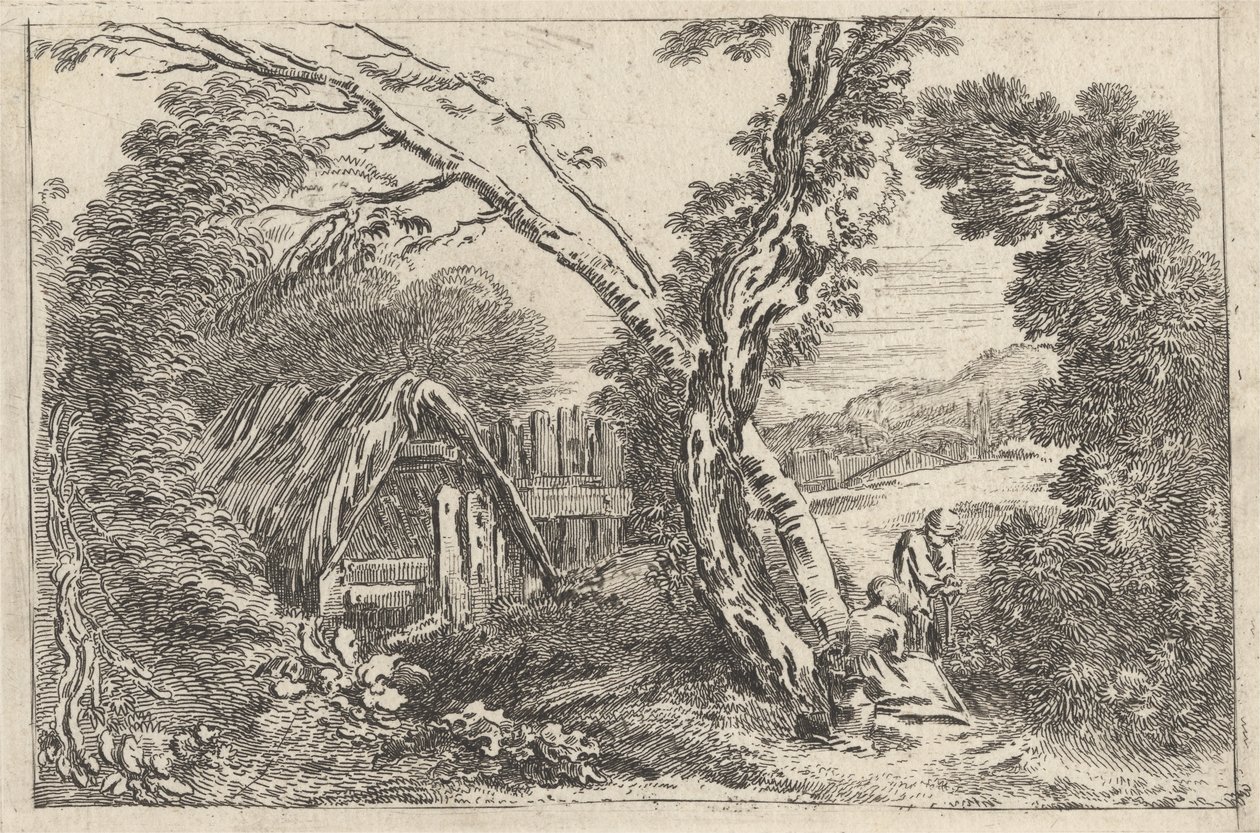 Mann og kvinne graver, tallerken fra "A New Book of Landskips", 1637 av Jean Baptiste Claude Chatelain