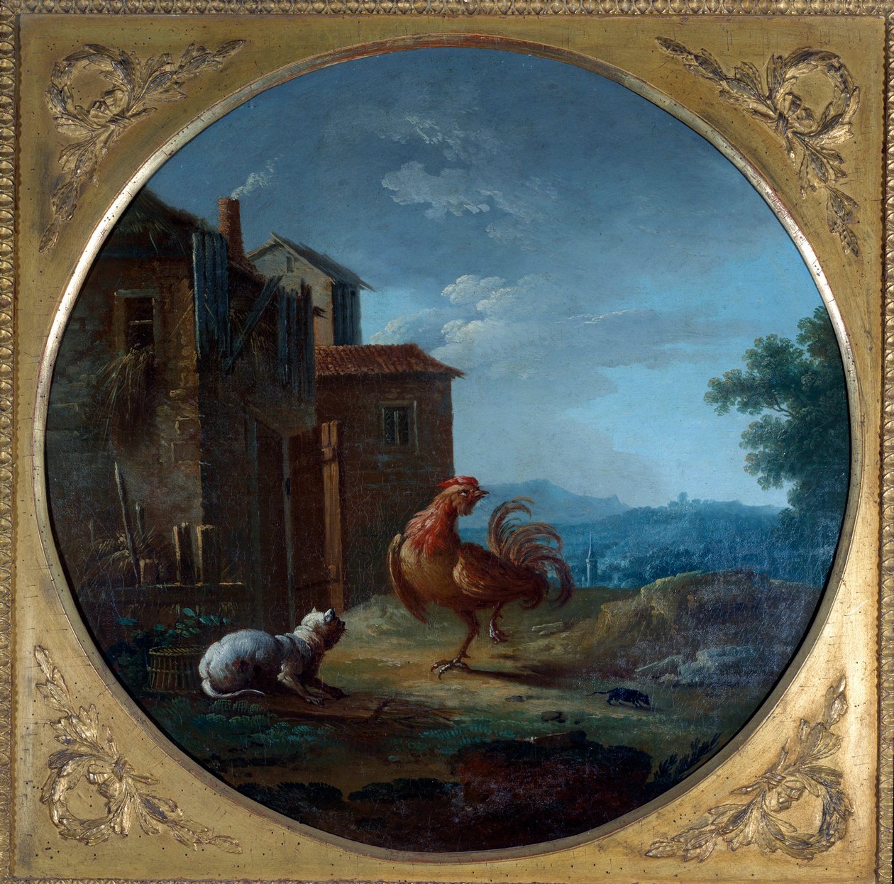 Grisen, katten og musa. Illustrasjon til fabelen av Jean de La Fontaine. Maleri av Jean Baptiste Claudot (1733-1805) av Jean Baptiste Claudot