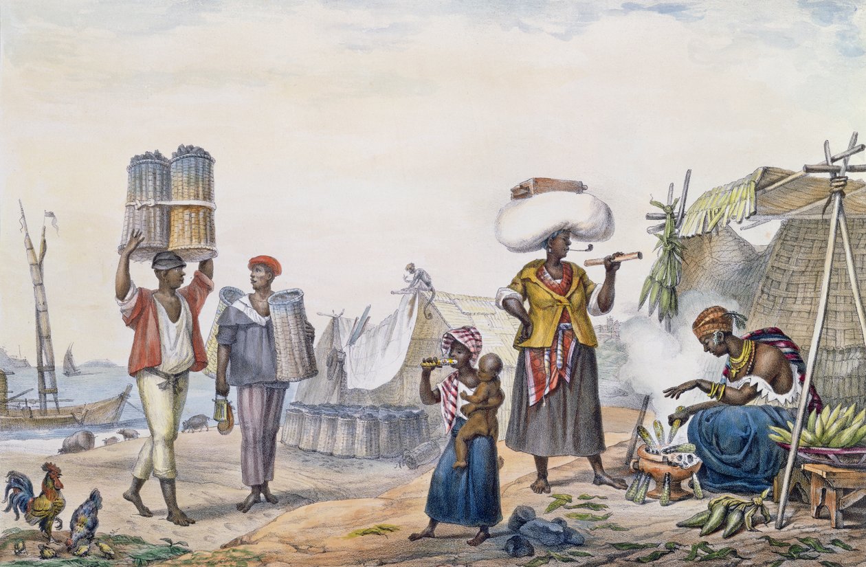 Svarte mennesker som selger kull og mais, fra 'Picturesque and Historical Journey to Brazil', gravert av Thierry Freres, 1839 av Jean Baptiste Debret