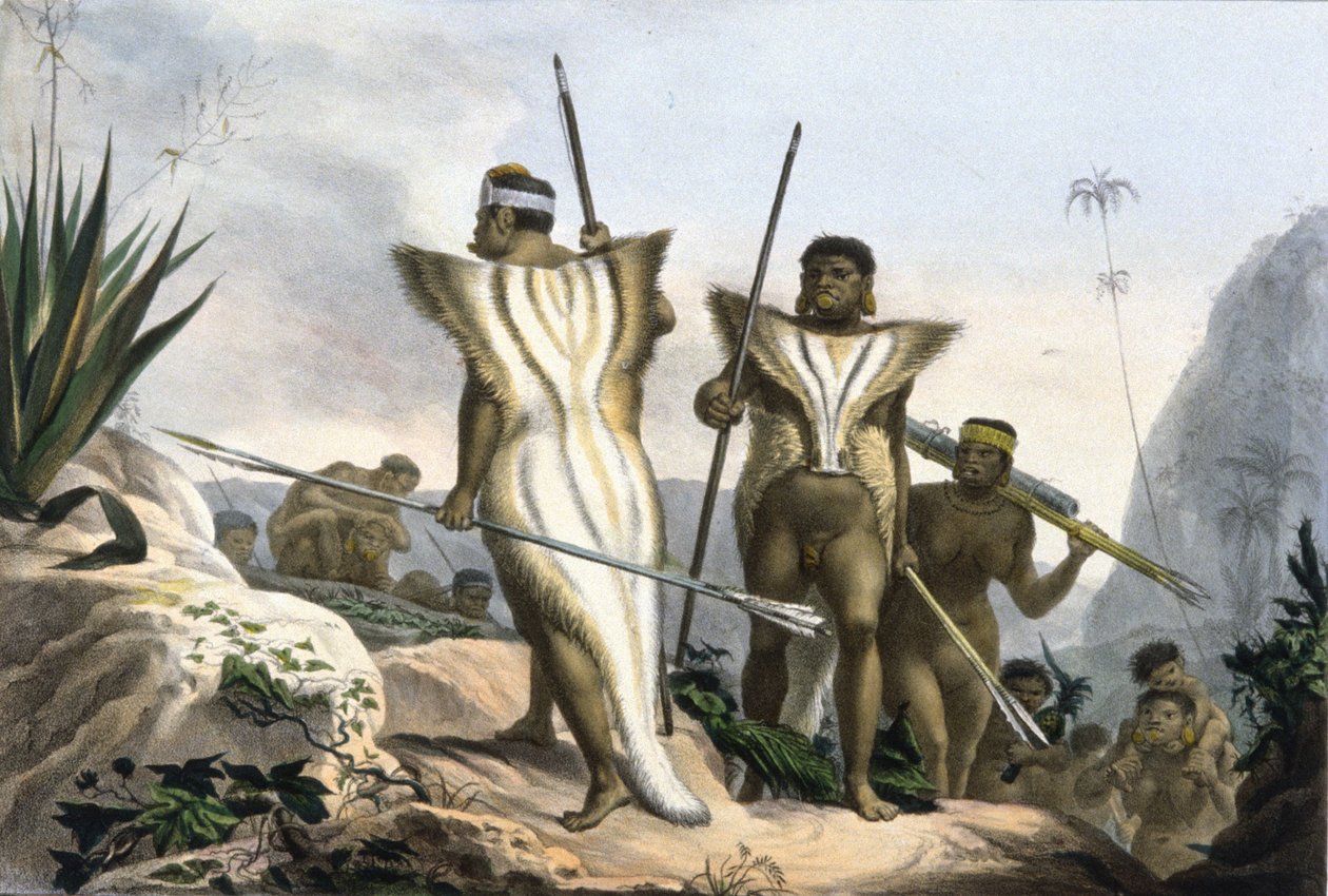 Brasil-indianere iført dyreskinn av Jean Baptiste Debret