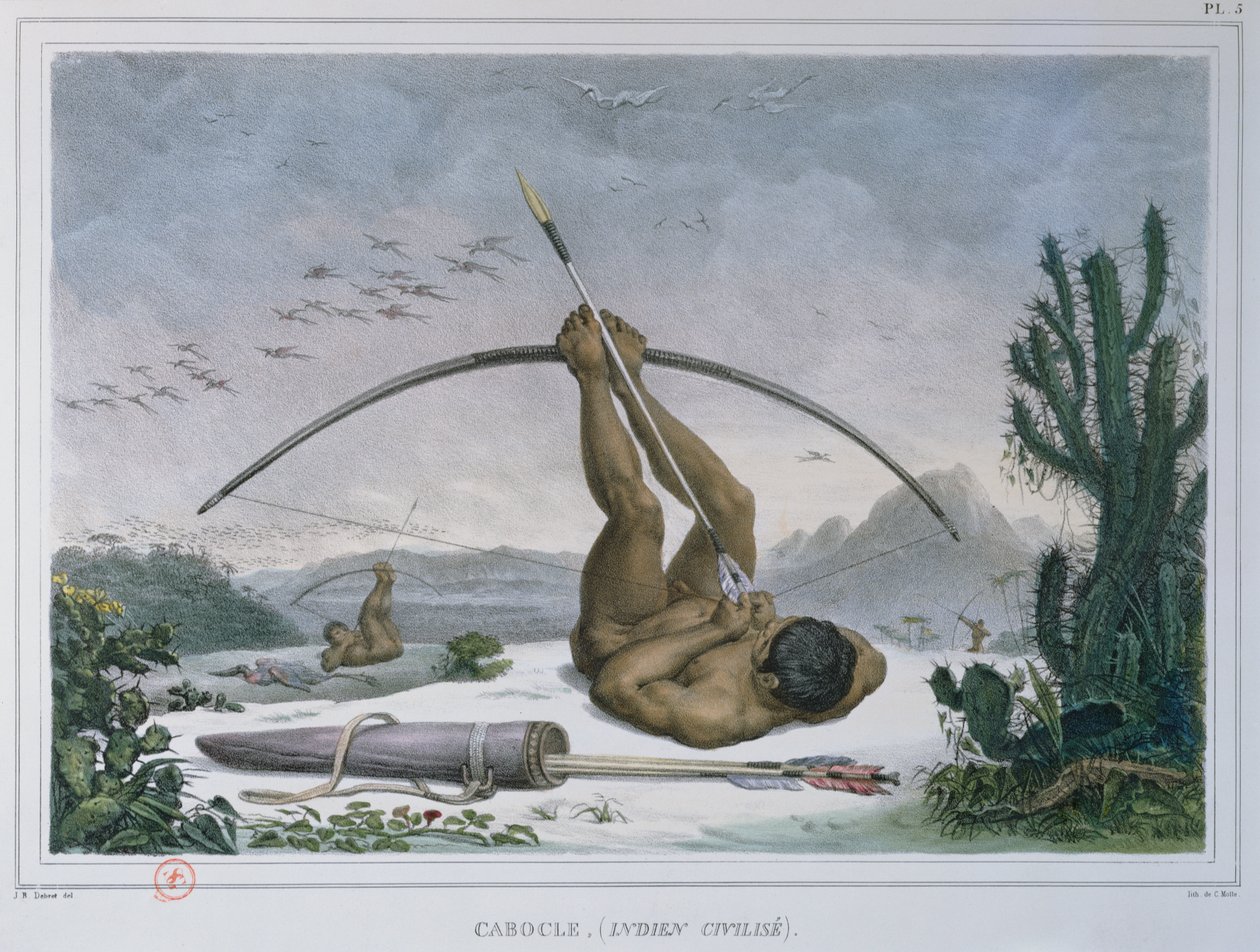 Cabocle indiske jaktfugler med pil og bue, fra Voyage Pittoresque et Historique au Bresil, utgitt i 1839 av Jean Baptiste Debret