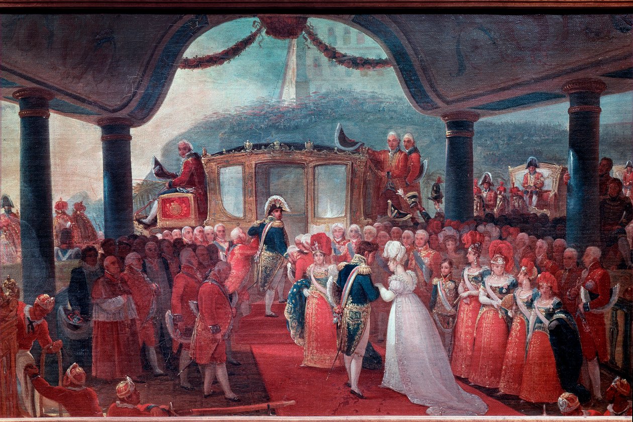 Ankomsten av Mary Leopoldine fra Habsburg-Lorraine (Habsburg Lorraine) eller Østerrike (1797-1826) til Rio de Janeiro i 1817, for å gifte seg med keiser Peter I av Brasil De to forloverne er representert akkompagnert av kong Joao VI av Portugal (John VI kj av Jean Baptiste Debret