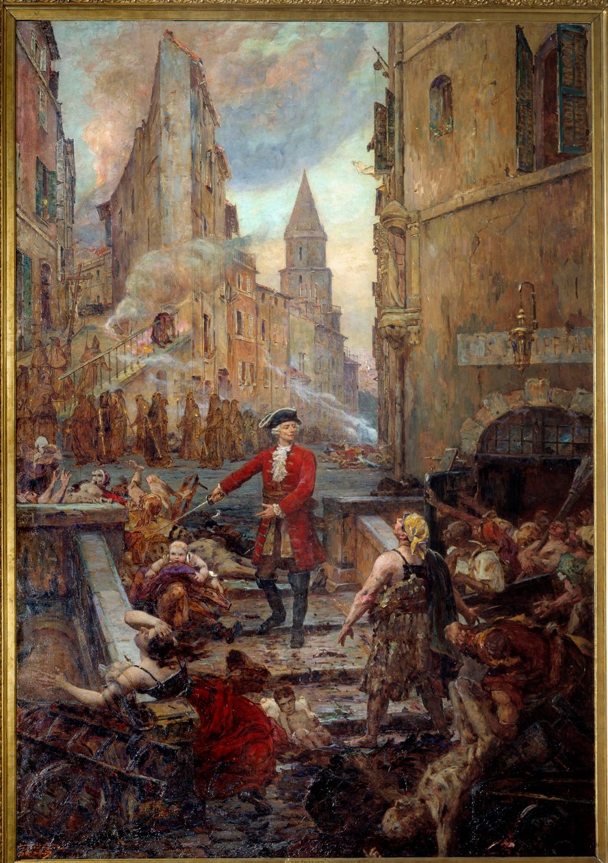 Chevalier Roze ved Montee des Aroules i Marseille Nicola Roze (1675-1733) slipper Armoules-distriktet i Marseille løs fra likene av pestiferene under den store pesten i 1720. Maleri av Jean-Baptiste Duffaud (1852-1927) av Jean Baptiste Duffaud