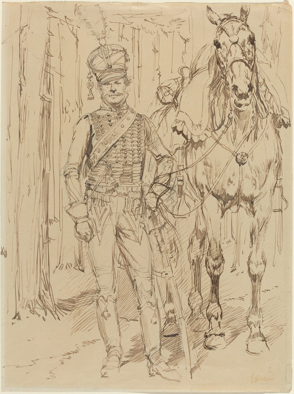 En fransk husar som leder en hest av Jean Baptiste Edouard Detaille