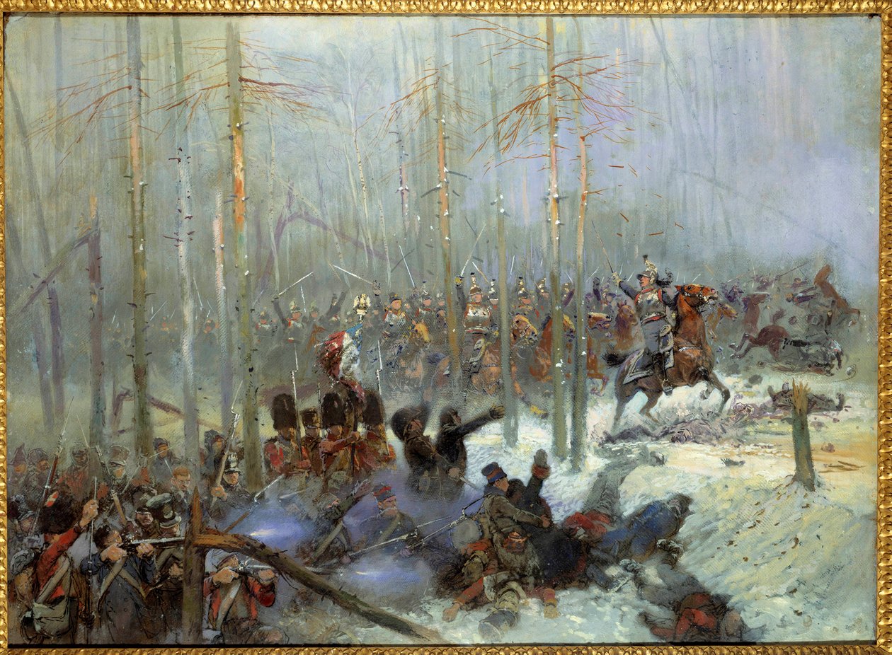 Kampanje for Russland i 1812: "" Ansvar for det syvende slagskipet til oberst Dubois ved Berezina (Beresina) 28.11.1812 i Russland"" Maleri av Jean-Baptiste-Edouard (Jean Baptiste Edouard) Detaille (1848-1912) 1800-tallet. Paris, Musee de l