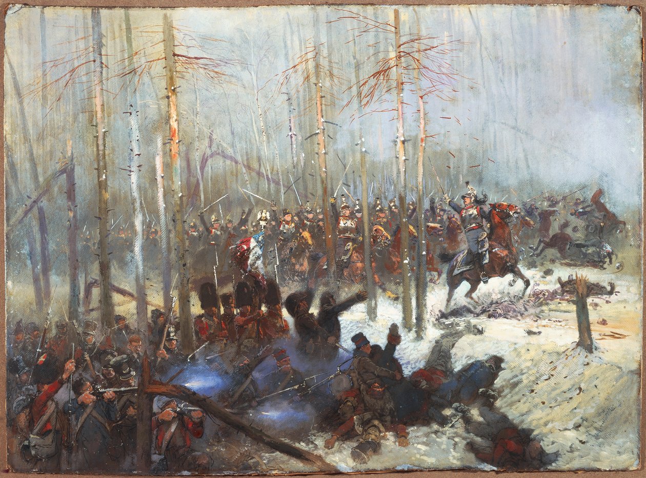 Anklagen for kyrassere i Russland av Jean Baptiste Edouard Detaille (1848-1912). Napoleonskrigene, Russland av Jean Baptiste Edouard Detaille