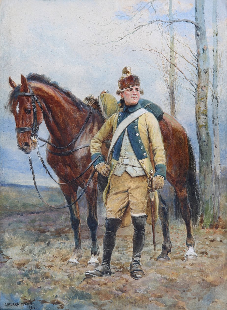 Dragoon of the Legion de Flandres i 1763-1766, 1901 (wc & gouache på papir) av Jean Baptiste Edouard Detaille