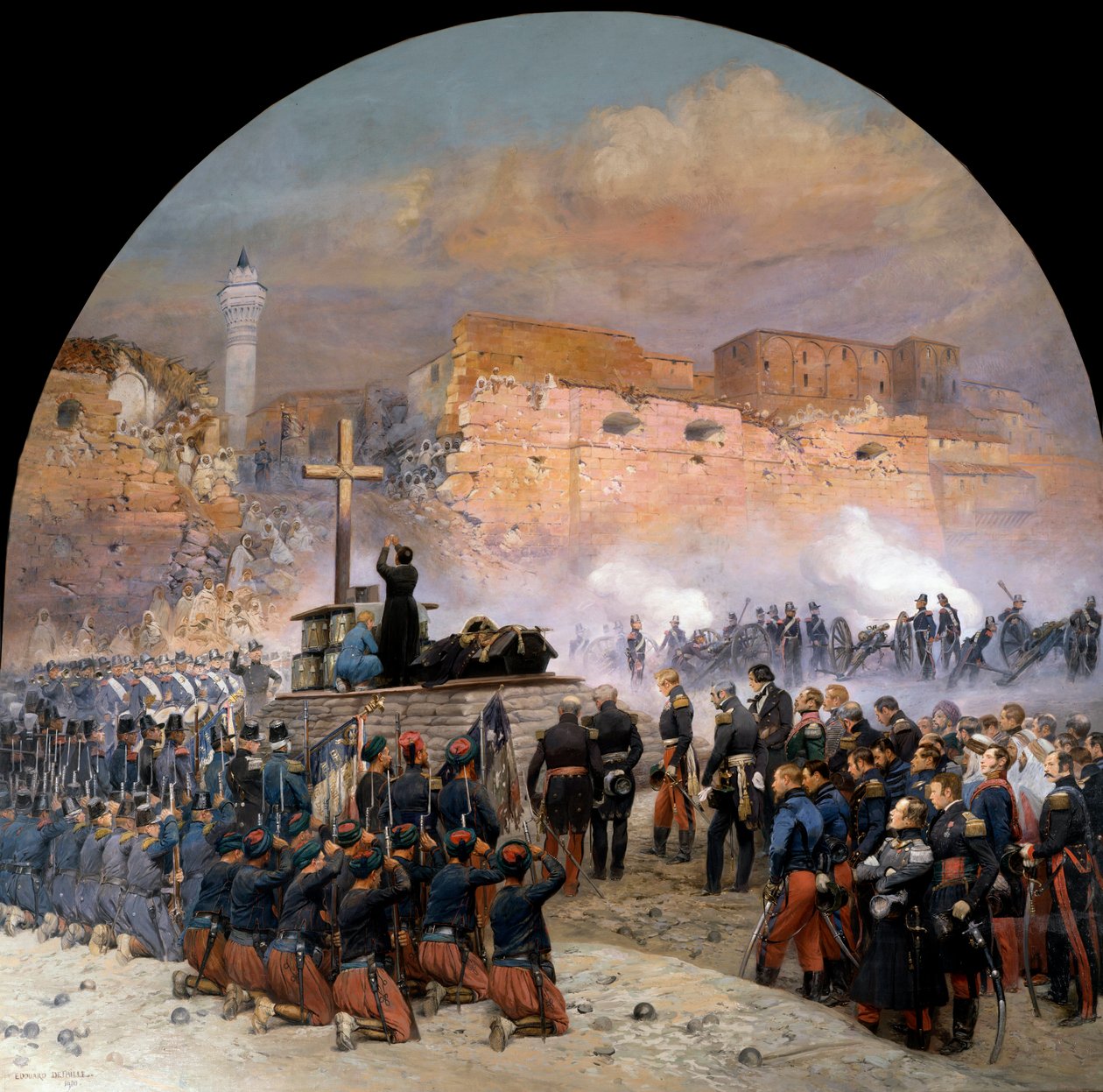 Ekspedisjon av Konstantin under erobringen av Algerie (1830-1847): "" Begravelsesgudstjeneste (begravelse) til general Denis de Damremont (1783-1837) feiret 18.10.1837 foran bryggen til Konstantin i Algerie dagen etter overfall”” Maleri av Edou av Jean Baptiste Edouard Detaille