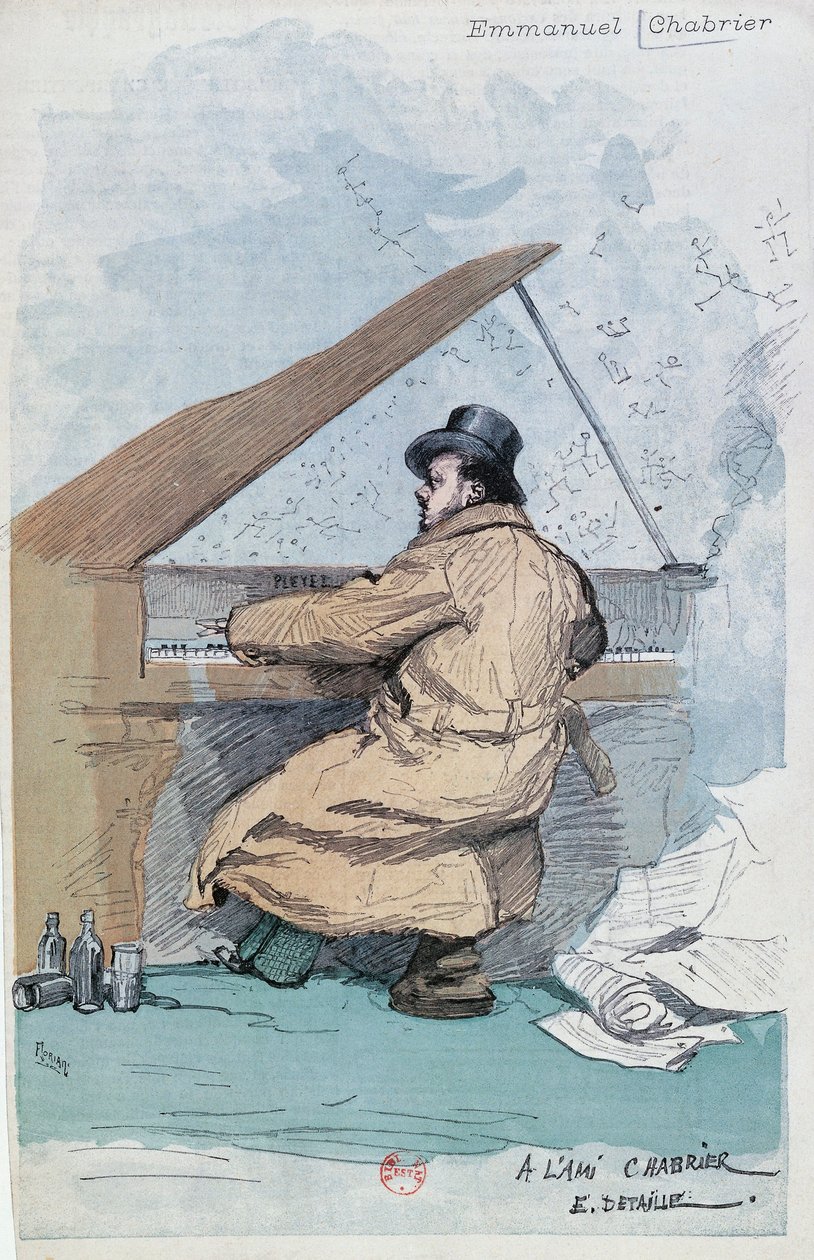 Frankrike, Paris, farget gravering av den franske komponisten Emmanuel Chabrier av Jean Baptiste Edouard Detaille