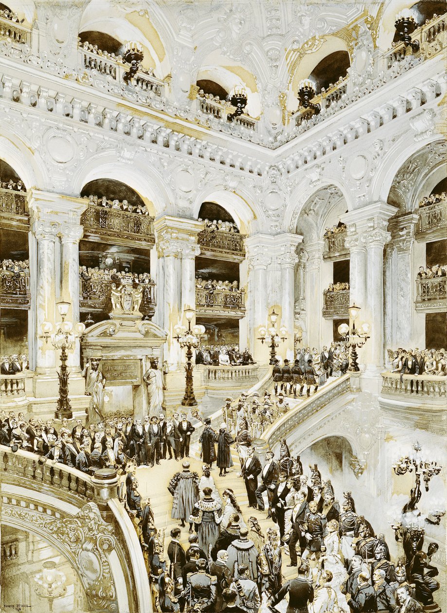 Innvielse av operahuset i Paris, 5. januar 1875, 1878 (wc und hvit på papir) av Jean Baptiste Edouard Detaille