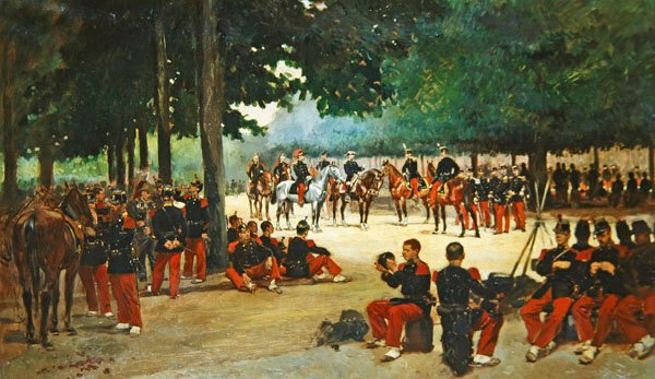 Infanteriregiment slapper av på Bois de Boulogne under en anmeldelse, ca. 1885 av Jean Baptiste Edouard Detaille