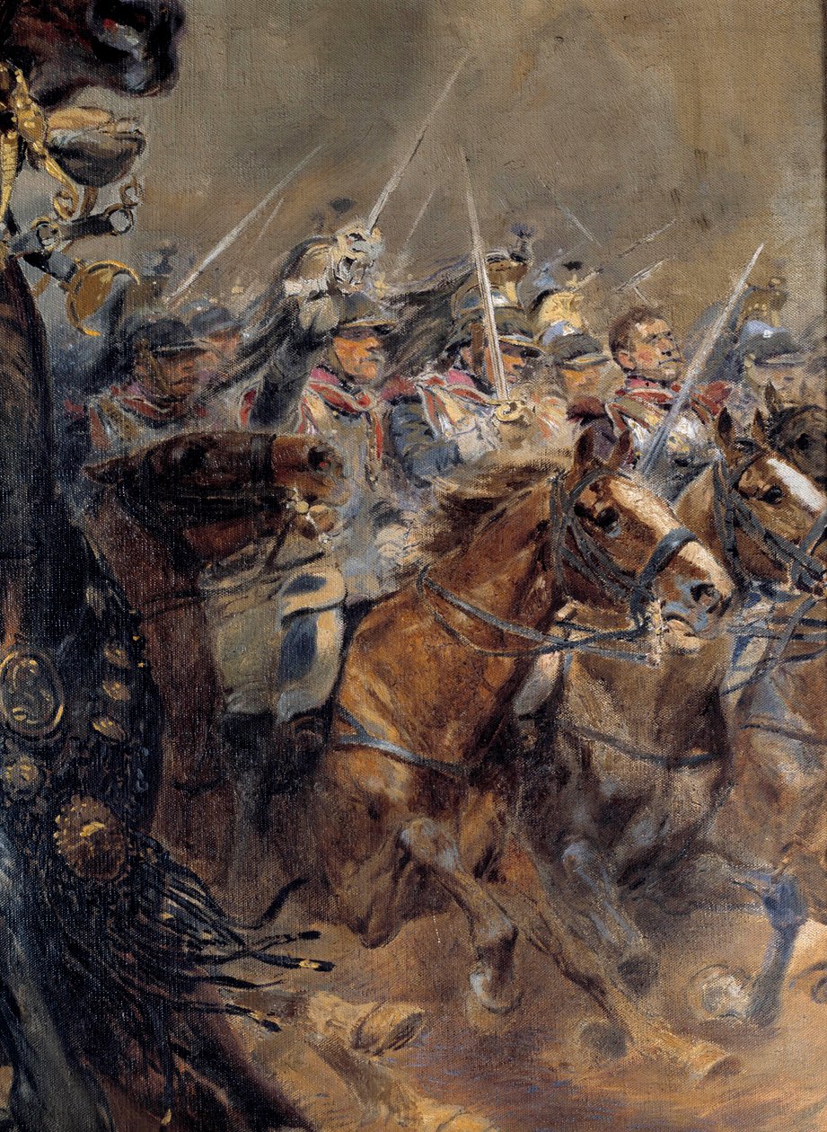 Napoleonskrigen: "" Den siste anklagen mot general Antoine Charles Comte de Lasalle (1775-1809), drept ved Wagram 6. juli av Jean Baptiste Edouard Detaille